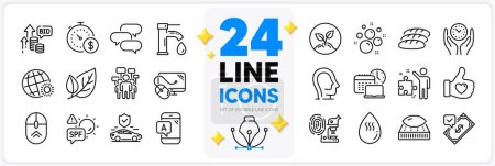 Illustration for Icons set of Psychology, Leaf and Bread line icons pack for app with Mattress, Bid offer, Safe time thin outline icon. Voting campaign, World weather, Work time pictogram. Startup. Vector - Royalty Free Image