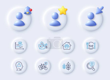 Illustration for Cardio training, Mental health and Gluten free line icons. Placeholder with 3d cursor, bell, star. Pack of Vegetables, Medical analyzes, Calories icon. Bicycle parking, Pet shelter pictogram. Vector - Royalty Free Image