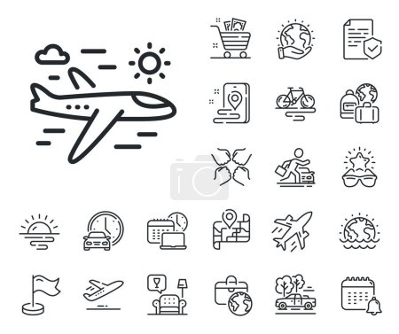Illustration for Trip flight sign. Plane jet, travel map and baggage claim outline icons. Airplane travel line icon. Holidays symbol. Airplane travel line sign. Car rental, taxi transport icon. Place location. Vector - Royalty Free Image