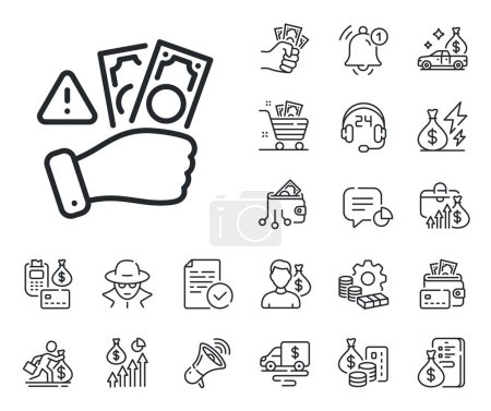 Illustration for Money bribe crime sign. Cash money, loan and mortgage outline icons. Fraud line icon. Cash scam symbol. Fraud line sign. Credit card, crypto wallet icon. Inflation, job salary. Vector - Royalty Free Image