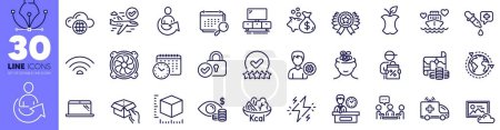 Illustration for Photo cloud, Honeymoon cruise and Verified locker line icons pack. People chatting, Wifi, Salad web icon. Calendar, Anxiety, Presentation time pictogram. Business vision, Calendar time. Vector - Royalty Free Image