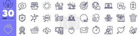 Illustration for Online shopping, Face declined and Shipment line icons pack. Internet pay, Heart, Cloud upload web icon. Winner cup, Travel luggage, Coins banknote pictogram. Chemical formula. Vector - Royalty Free Image