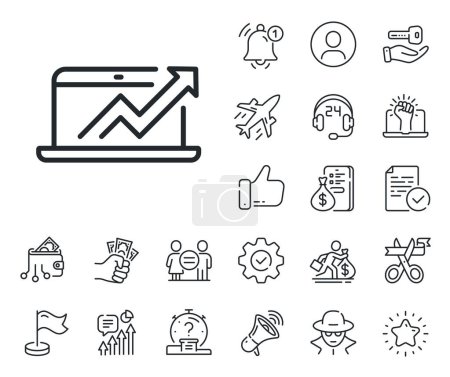 Illustration for Report graph or Chart sign. Salaryman, gender equality and alert bell outline icons. Data Analysis and Statistics line icon. Computer data processing symbol. Sales diagram line sign. Vector - Royalty Free Image