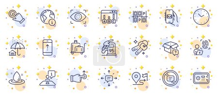 Illustration for Outline set of Drag drop, Internet and Parking place line icons for web app. Include Swipe up, Petrol station, Touchscreen gesture pictogram icons. Sms, Keys, Time signs. Fuel energy. Vector - Royalty Free Image