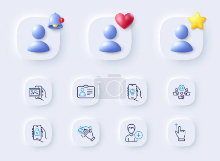 Illustration for Add person, Clapping hands and Id card line icons. Placeholder with 3d bell, star, heart. Pack of Locked app, Teamwork, Touchscreen gesture icon. Electric app, Image album pictogram. Vector - Royalty Free Image
