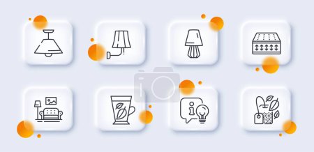 Illustration for Mint leaves, Lamp and Flexible mattress line icons pack. 3d glass buttons with blurred circles. Mint bag, Furniture, Ceiling lamp web icon. For web app, printing. Vector - Royalty Free Image