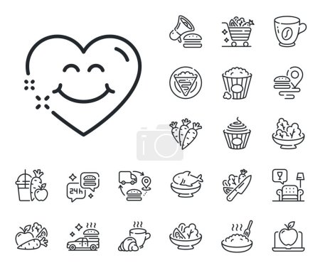 Illustration for Happy emoticon chat sign. Crepe, sweet popcorn and salad outline icons. Smile face line icon. Heart face symbol. Smile face line sign. Pasta spaghetti, fresh juice icon. Supply chain. Vector - Royalty Free Image