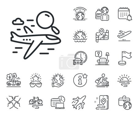 Illustration for Airplane with magnifying glass sign. Plane jet, travel map and baggage claim outline icons. Search flight line icon. Find airport flights symbol. Search flight line sign. Vector - Royalty Free Image