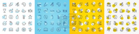 Ilustración de Conjunto de iconos vectoriales de alimentos, maíz y caramelo paquete de iconos de línea para la web con Croissant, entrega de café, icono de esquema para llevar. Plato de pescado, parrilla de pescado, pictograma de agua de recarga. Comida rápida. Vector - Imagen libre de derechos