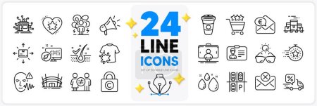 Illustration for Icons set of Takeaway coffee, Dirty t-shirt and Boxes pallet line icons pack for app with Ranking star, Euro money, Water drop thin outline icon. Parking place, Cardboard box. Vector - Royalty Free Image