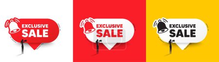 Illustration for Exclusive Sale tag. Speech bubbles with bell and woman silhouette. Special offer price sign. Advertising Discounts symbol. Exclusive sale chat speech message. Woman with megaphone. Vector - Royalty Free Image