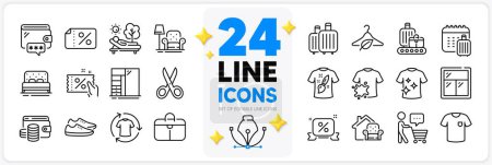 Illustration for Icons set of Buyer think, Baggage calendar and Armchair line icons pack for app with Cupboard, Discount coupon, Wallet money thin outline icon. Wallet, Lounger, Window pictogram. Baggage. Vector - Royalty Free Image