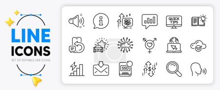 Illustration for Genders, Incoming mail and Web tutorials line icons set for app include Human sing, Phone message, Car review outline thin icon. Consumption growth, Stress grows, Search pictogram icon. Vector - Royalty Free Image