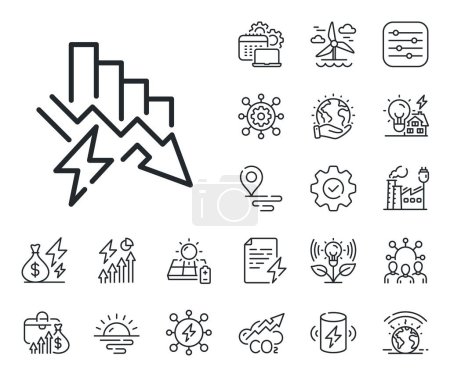 Illustration for Electric power down trend sign. Energy, Co2 exhaust and solar panel outline icons. Saving electricity line icon. Reduce consumption symbol. Saving electricity line sign. Vector - Royalty Free Image