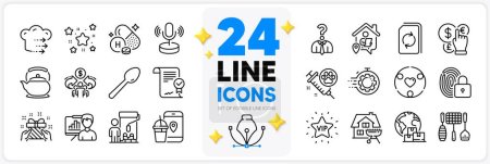 Illustration for Icons set of Seo timer, Work home and Vip star line icons pack for app with Painter, Food app, Gift thin outline icon. Sharing economy, Presentation board, Approved agreement pictogram. Vector - Royalty Free Image