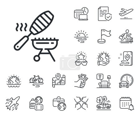 Illustration for Barbecue fish basket sign. Plane jet, travel map and baggage claim outline icons. Grill line icon. Meat brazier cooker utensils symbol. Fish grill line sign. Car rental, taxi transport icon. Vector - Royalty Free Image