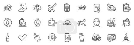 Illustration for Icons pack as Baggage reclaim, Bitcoin and Night weather line icons for app include Fingerprint, Medical prescription, Voice assistant outline thin icon web set. Victory hand, Puzzle. Vector - Royalty Free Image