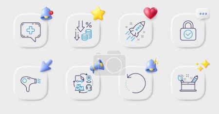 Illustration for Deflation, Security lock and Creativity concept line icons. Buttons with 3d bell, chat speech, cursor. Pack of Startup rocket, Hair dryer, Medical chat icon. Vector - Royalty Free Image