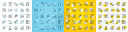 Illustration for Vector icons set of Chemistry lab, Startup and Cyber attack line icons pack for web with Winner podium, Phone video, Calculator alarm outline icon. Support, Report, Magic wand pictogram. Vector - Royalty Free Image