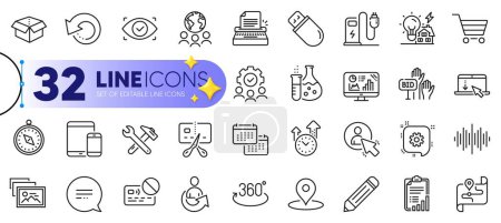 Illustration for Outline set of Cogwheel, Share and Spanner tool line icons for web with Usb stick, Open box, Analytics graph thin icon. Scroll down, Sound wave, Teamwork pictogram icon. Pencil, Card. Vector - Royalty Free Image