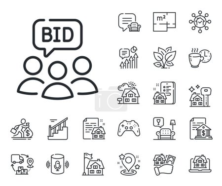 Illustration for Bid offer sign. Floor plan, stairs and lounge room outline icons. Auction line icon. Raise the price up symbol. Auction line sign. House mortgage, sell building icon. Real estate. Vector - Royalty Free Image