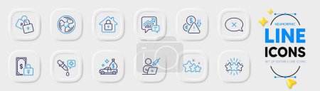 Illustration for Air fan, Deflation and Lock line icons for web app. Pack of Accounting, Vaccination appointment, Stars pictogram icons. Chemistry pipette, Cash transit, Star signs. Reject, Locks. Vector - Royalty Free Image