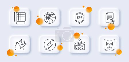 Illustration for Square area, Face detection and Fingerprint line icons pack. 3d glass buttons with blurred circles. 5g internet, Fire energy, Augmented reality web icon. Vector - Royalty Free Image