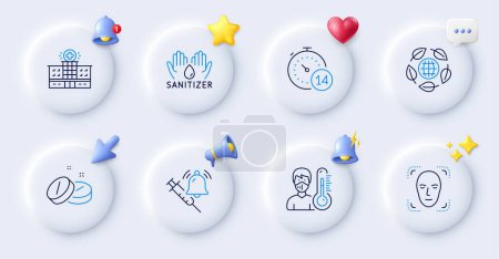 Illustration for Thermometer, Eco organic and Medical tablet line icons. Buttons with 3d bell, chat speech, cursor. Pack of Hand sanitizer, Hospital building, Face detection icon. Vector - Royalty Free Image