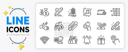 Illustration for Security contract, Notebook service and 5g wifi line icons set for app include Building warning, Chef, Musical note outline thin icon. Notification bell, Coins bags, Edit pictogram icon. Vector - Royalty Free Image