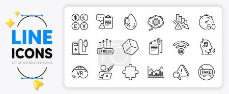 Illustration for Deflation, Cogwheel and Infochart line icons set for app include Money currency, Document attachment, Timer outline thin icon. Stress grows, No alcohol, Vr pictogram icon. Puzzle. Vector - Royalty Free Image