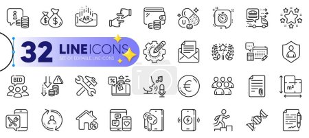 Illustration for Outline set of Loan house, Chemistry dna and Stars line icons for web with Ranking, Attachment, Click hands thin icon. Agreement document, Augmented reality, Repair pictogram icon. Info. Vector - Royalty Free Image