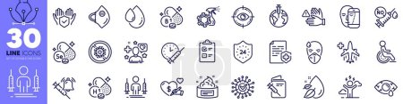 Illustration for Water drop, Vitamin h1 and Medical certificate line icons pack. Vaccination schedule, Skin cream, Stop coronavirus web icon. Vaccine announcement, Coronavirus injections, Dont touch pictogram. Vector - Royalty Free Image