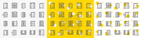 Illustration for Open door, Building entry, Emergency exit. Entrance line icons. Closed doorway, Doorframe, House entrance outline icons. Door knob, home entry, building access. Interior gate, double door. Vector - Royalty Free Image