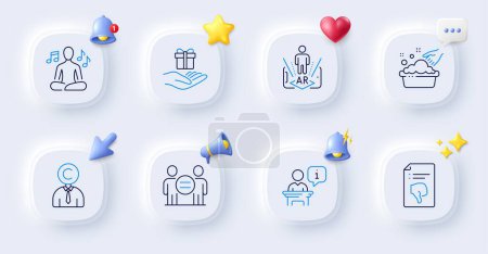 Illustration for Podium, Yoga music and Loyalty program line icons. Buttons with 3d bell, chat speech, cursor. Pack of Hand washing, Augmented reality, Thumb down icon. Copyrighter, Ethics pictogram. Vector - Royalty Free Image