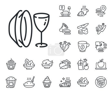 Illustration for Tableware wineglass sign. Crepe, sweet popcorn and salad outline icons. Dish plate line icon. Food kitchenware symbol. Dish plate line sign. Pasta spaghetti, fresh juice icon. Supply chain. Vector - Royalty Free Image