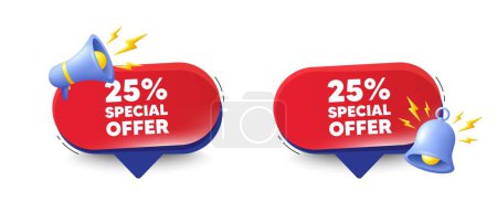 Illustration for 25 percent discount offer tag. Speech bubbles with 3d bell, megaphone. Sale price promo sign. Special offer symbol. Discount chat speech message. Red offer talk box. Vector - Royalty Free Image