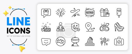 Illustration for Carry-on baggage, Fireworks and Guard line icons set for app include Marriage rings, Surprise package, Shoes outline thin icon. Smile face, Fastpass, Grill pictogram icon. Ice cream. Vector - Royalty Free Image