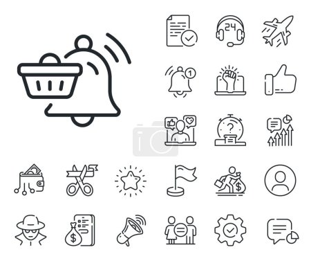Illustration for Bell alarm reminder sign. Salaryman, gender equality and alert bell outline icons. Notification cart line icon. Shopping message symbol. Notification cart line sign. Vector - Royalty Free Image