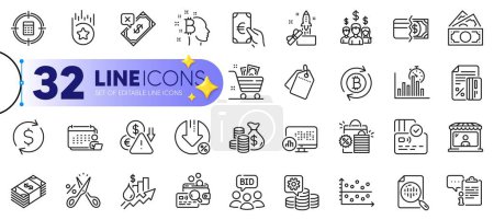 Illustration for Outline set of Report timer, Auction and Inspect line icons for web with Card, Rejected payment, Dollar exchange thin icon. Salary employees, Refresh bitcoin, Accounting pictogram icon. Vector - Royalty Free Image