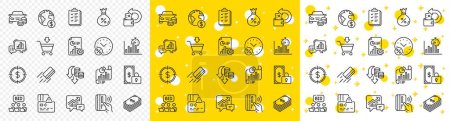 Illustration for Outline Checklist, Dollar target and Loan percent line icons pack for web with Buy car, Card, Report timer line icon. Global business, Accounting, Graph chart pictogram icon. Vector - Royalty Free Image