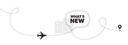 Illustration for Whats new tag. Plane travel path line banner. Special offer sign. New arrivals symbol. Whats new speech bubble message. Plane location route. Dashed line. Vector - Royalty Free Image