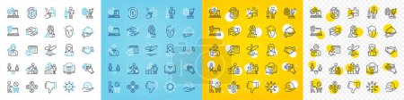 Illustration for Vector icons set of Boat fishing, Video conference and Vaccination announcement line icons pack for web with Woman, Health skin, Online chemistry outline icon. Clapping hands. Vector - Royalty Free Image