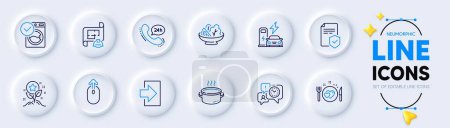 Illustration for Salad, Loyalty points and Charging station line icons for web app. Pack of Romantic dinner, Washing machine, Swipe up pictogram icons. Engineering plan, Saucepan, 24h service signs. Vector - Royalty Free Image