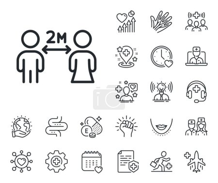 Illustration for 2 meters distance between sign. Online doctor, patient and medicine outline icons. Social distancing line icon. Coronavirus pandemic symbol. Social distancing line sign. Vector - Royalty Free Image