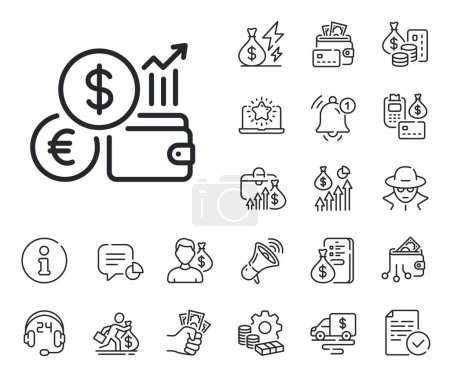 Illustration for Money exchange sign. Cash money, loan and mortgage outline icons. Currency rates line icon. Trade wallet symbol. Currency rate line sign. Credit card, crypto wallet icon. Inflation, job salary. Vector - Royalty Free Image