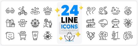 Illustration for Icons set of Love glasses, Ferris wheel and Surprise package line icons pack for app with Shopping rating, Fisherman, Smile face thin outline icon. Buyers, Deckchair, Travel sea pictogram. Vector - Royalty Free Image
