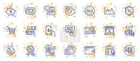 Illustration for Outline set of Market seller, Hot loan and Calendar line icons for web app. Include Bid offer, Sale, Wallet pictogram icons. Diagram, No cash, Loyalty points signs. Card. Circles with 3d stars. Vector - Royalty Free Image