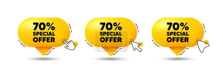 Illustration for 70 percent discount offer tag. Click here buttons. Sale price promo sign. Special offer symbol. Discount speech bubble chat message. Talk box infographics. Vector - Royalty Free Image