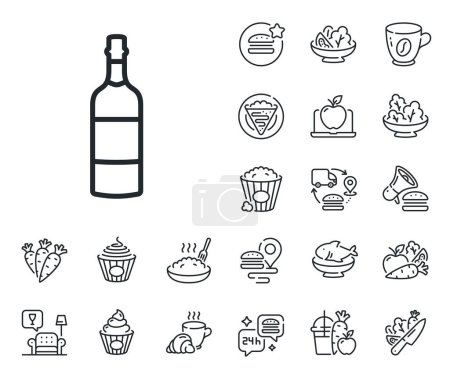 Illustration for Whiskey or Scotch alcohol sign. Crepe, sweet popcorn and salad outline icons. Brandy bottle line icon. Brandy bottle line sign. Pasta spaghetti, fresh juice icon. Supply chain. Vector - Royalty Free Image