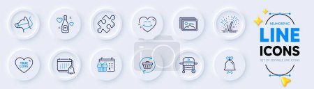 Illustration for Bell, Fireworks and Christmas calendar line icons for web app. Pack of Image gallery, True love, Gas grill pictogram icons. Smile face, Notification, Refresh cart signs. Love champagne. Vector - Royalty Free Image
